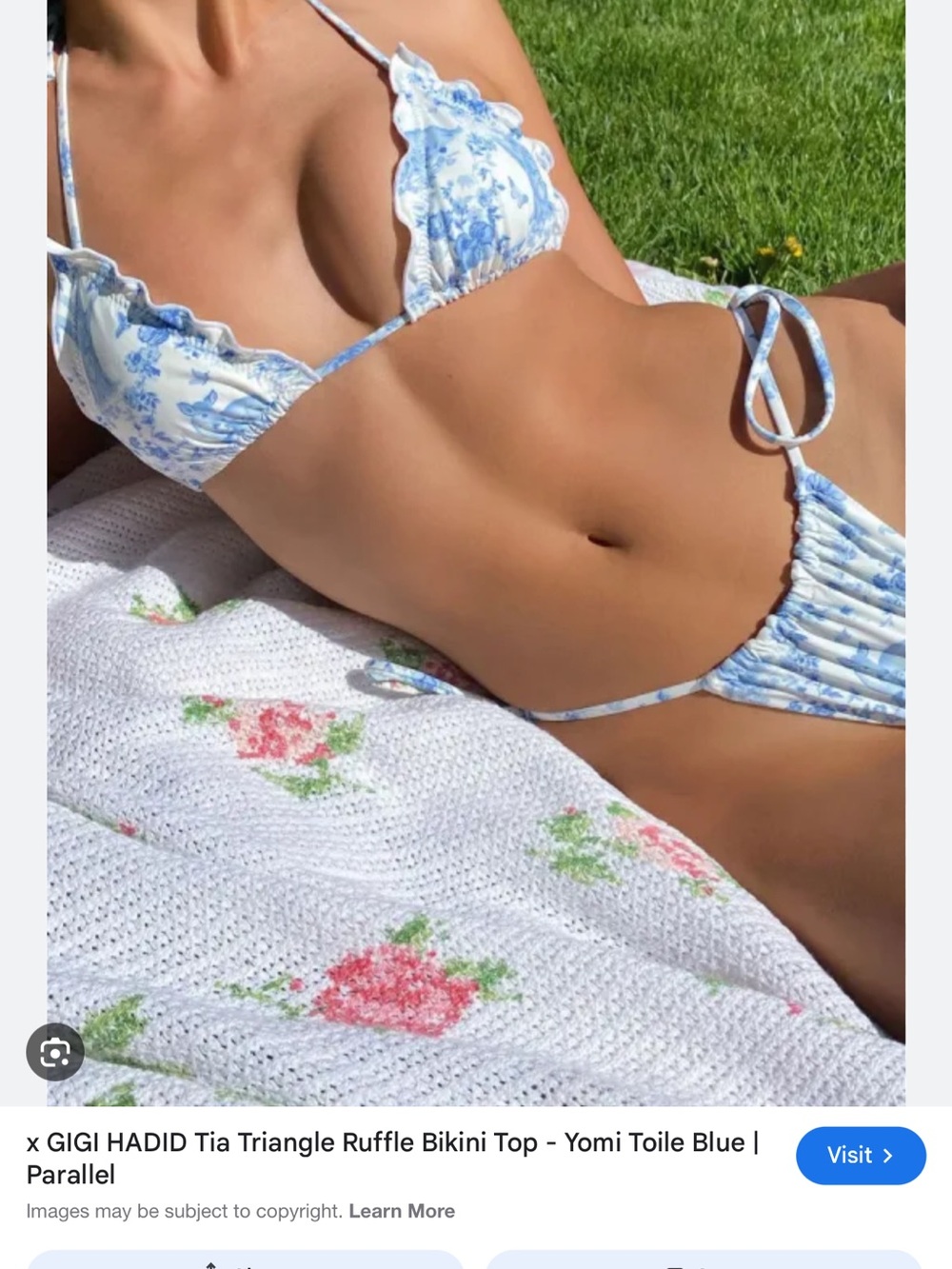 Frankie's Bikinis Blue and White Toile Tia Triangle Ruffle Bikini